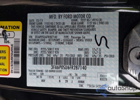2015 Ford Fusion Energi Titanium z USA, uszkodzony, nr VIN 3FA6P0SU6FR287140